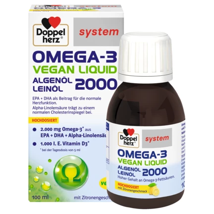 Abbildung der Produktverpackung Doppelherz system OMEGA-3 VEGAN LIQUID 2000 Frontansicht